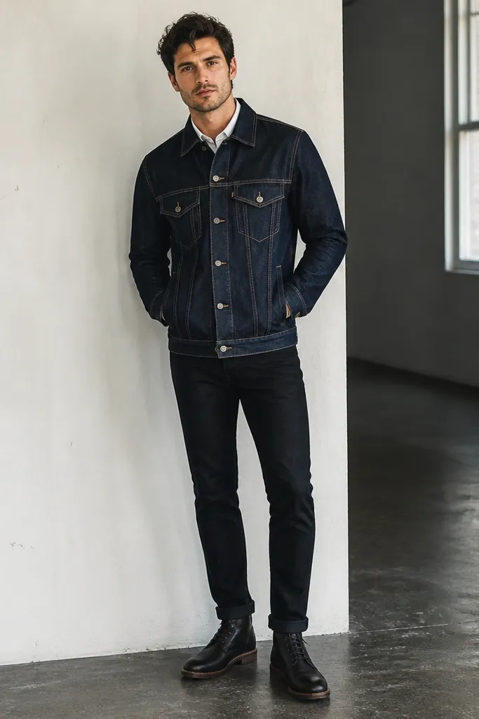 A man wearing a white shirt under an indigo denim jacket, fully buttoned at the jacket front. He wears black jeans and dark boots.