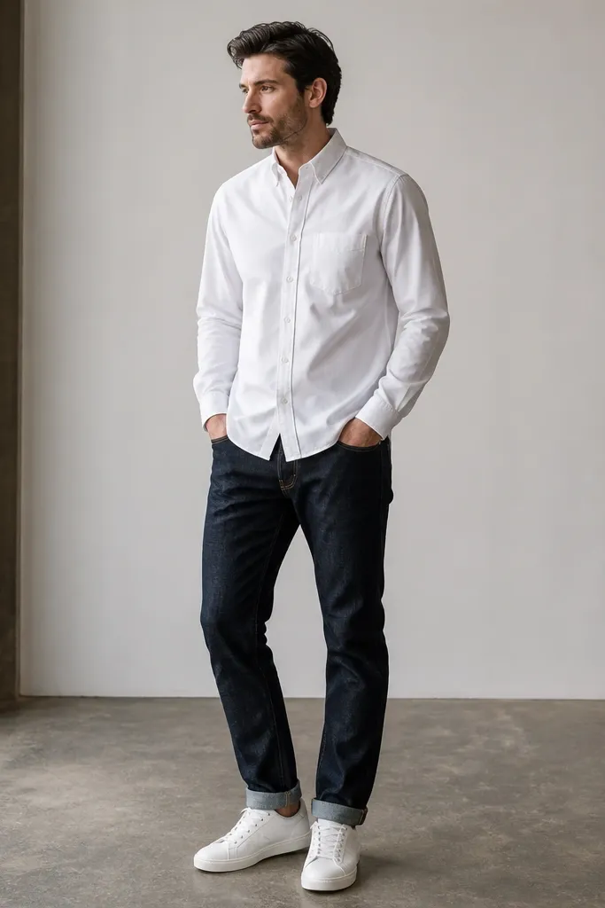 A man wearing a crisp white oxford button-down with sleeves down, paired with dark raw indigo jeans. He has clean white low-top sneakers and a simple black belt. No jacket; the shirt hem covers the belt line.
