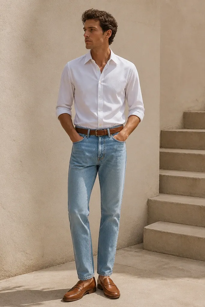 A white poplin button-up neatly tucked into light blue straight jeans. The man wears tan leather loafers with a brown belt. Hands in pockets, sleeves rolled to just below the elbow.