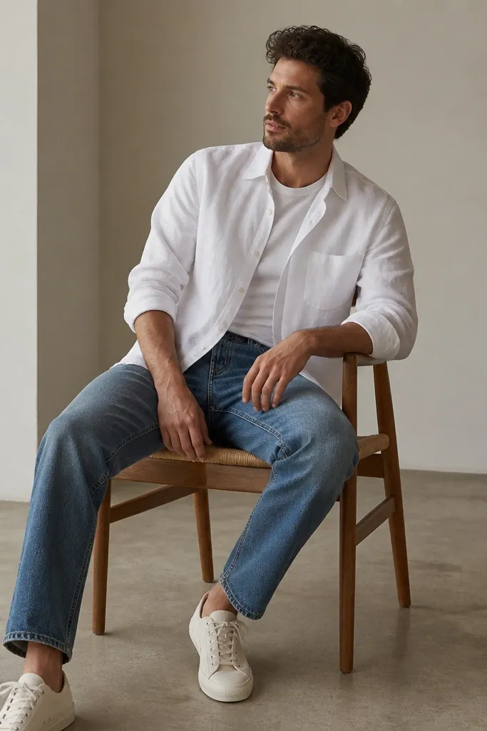 A man in a white linen-blend button-up worn open at the top with a white tee underneath. He wears mid-wash jeans and off-white canvas sneakers. The shirt looks slightly relaxed, with visible natural wrinkles.