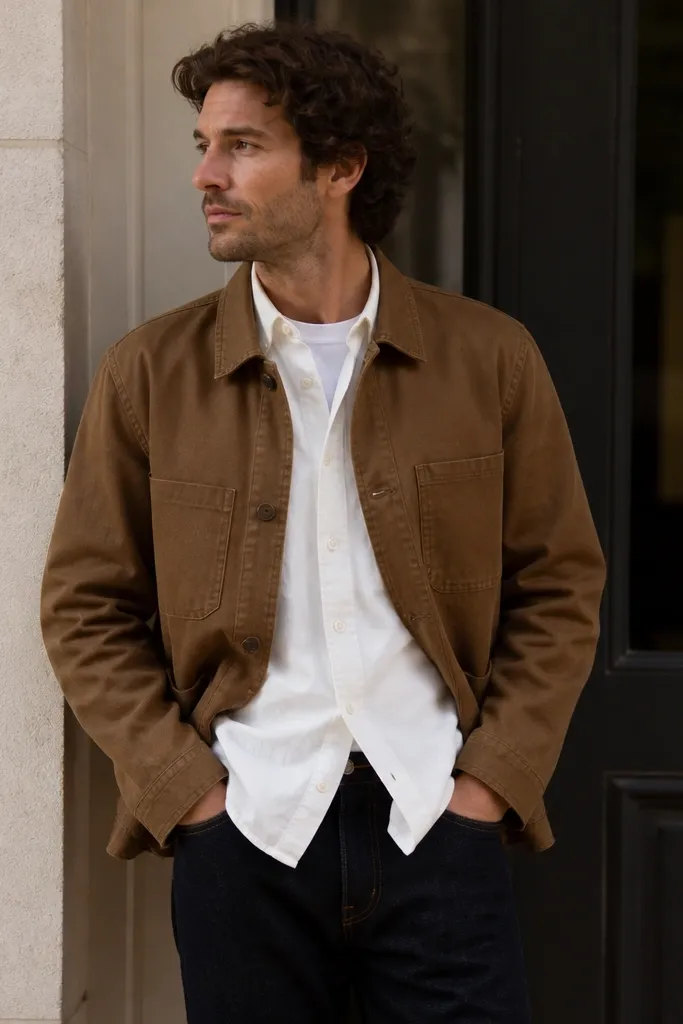 A man layered in a white button-up worn over a plain white crewneck tee. He wears dark indigo jeans and a brown chore jacket. The shirt is unbuttoned at the bottom half, with the tee slightly visible at the collar.