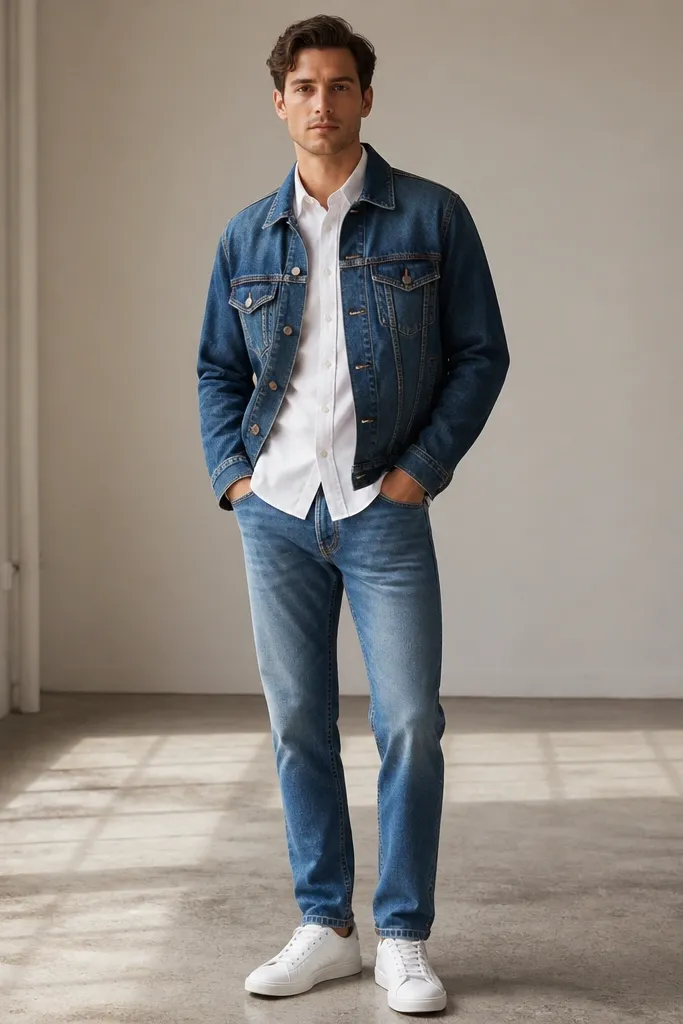 A man wears a white button-down half-tucked into mid-blue jeans. He layers a slightly darker denim jacket on top. Sneakers are white and minimal, and the shirt collar sits neatly.