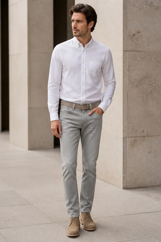 A man wearing a fully buttoned white shirt with sleeves down. He wears light gray jeans and tan suede desert boots. The outfit looks clean, with a neutral belt and no extra layers.