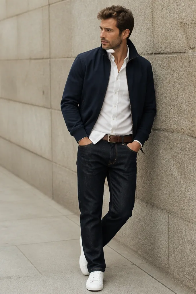 A man in a white shirt partially untucked, wearing indigo jeans and a navy bomber jacket. He has a brown belt and white sneakers. Collar is up and the bomber cuffs sit at the wrist.