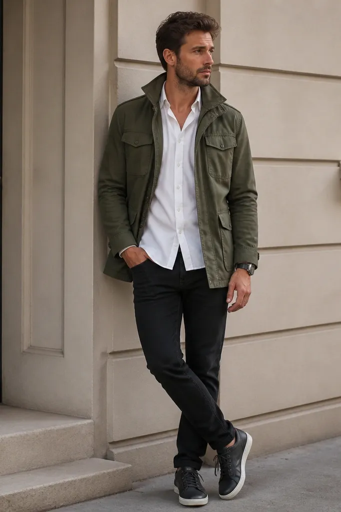 A man wearing a white button-up with the top button open, paired with black jeans. An olive field jacket sits over the shirt. He wears dark sneakers and a black watch strap.