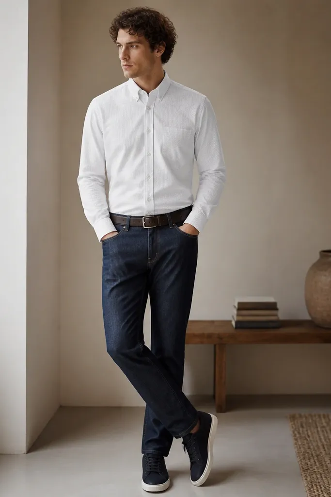 A man wears a white shirt with a subtle micro-check texture, not a bold pattern. He has raw indigo jeans and a dark brown belt. Shoes are simple dark sneakers and the shirt is fully buttoned.