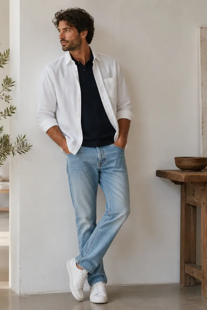 A man wears a white button-up with sleeves rolled and collar open, layered over a navy knit polo. He wears light blue jeans and white sneakers. The polo hem peeks at the bottom of the shirt opening.