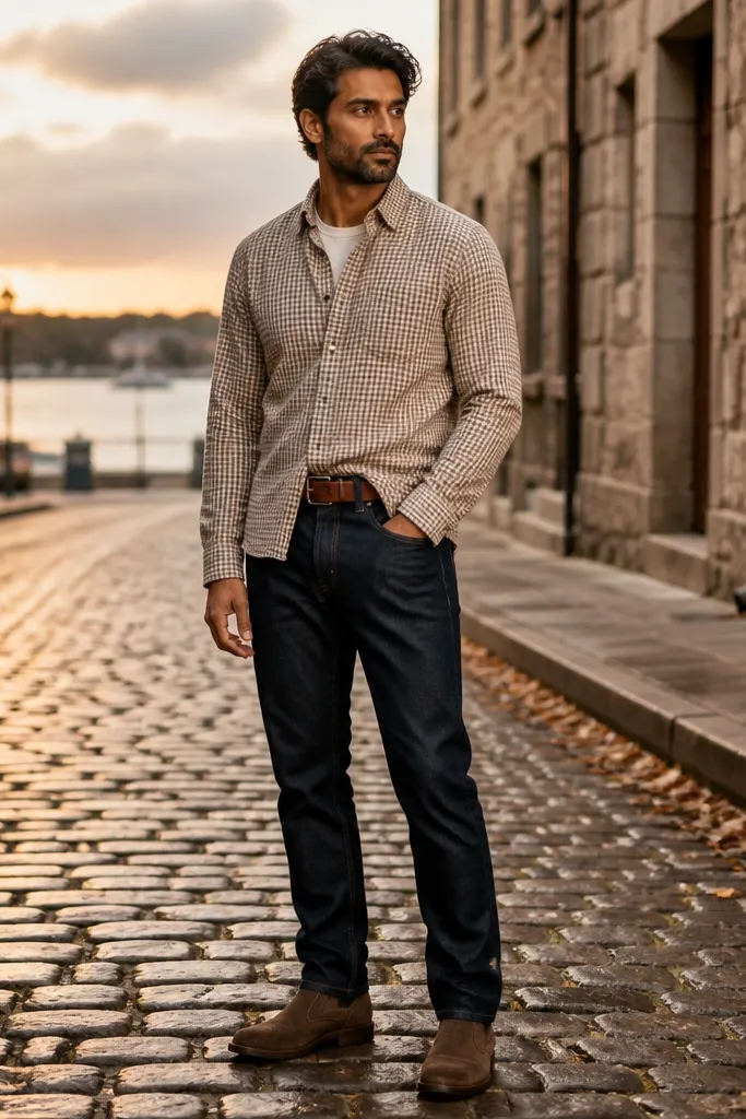 Cream beige flannel shirt with dark indigo straight jeans and brown suede boots