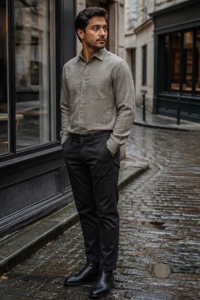 Gray-beige flannel shirt with charcoal chinos and black Chelsea boots
