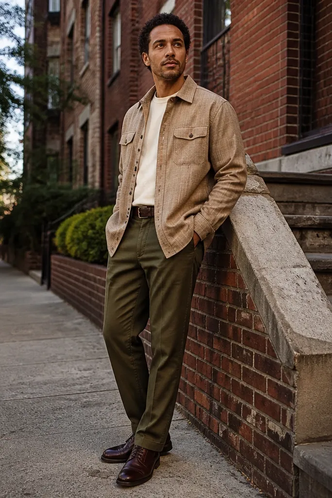 Beige flannel overshirt over an off-white tee with olive trousers