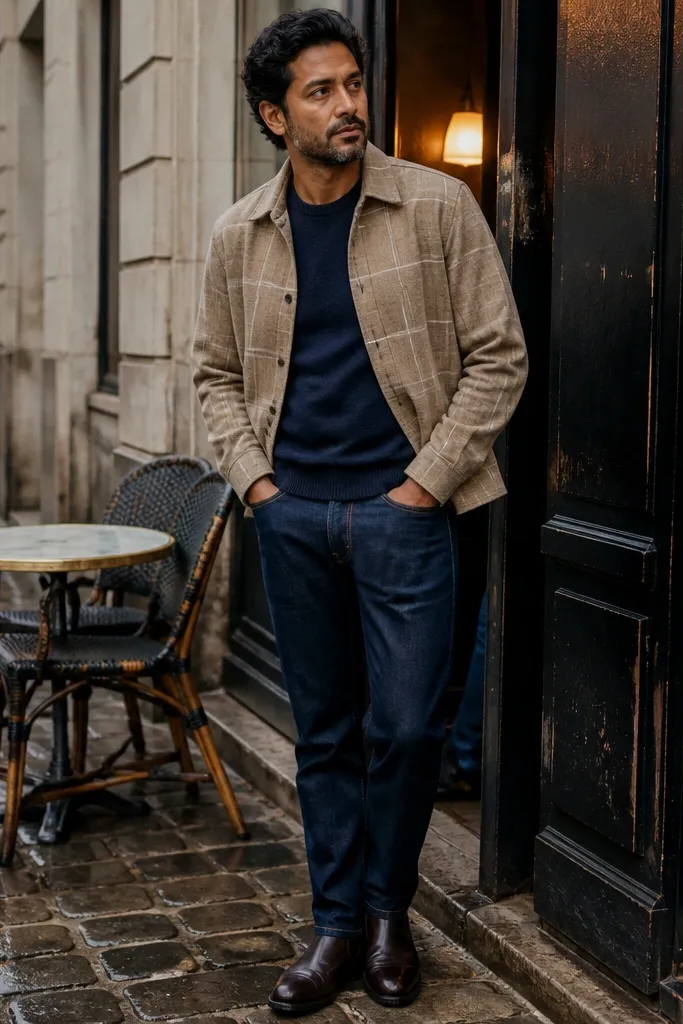 Beige flannel shirt worn open over a navy knit sweater