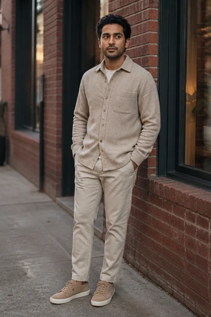 Beige flannel shirt with oatmeal chinos and tan trainers