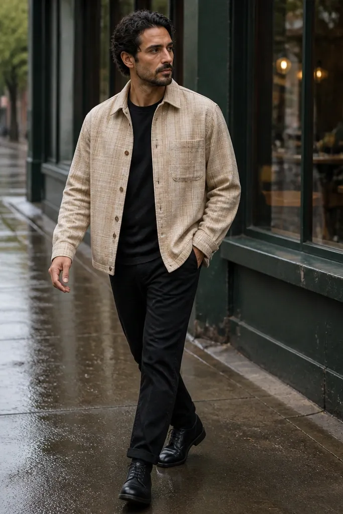 Beige flannel shirt-jacket with black jeans and black boots
