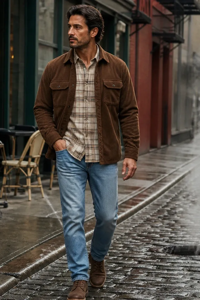 Beige flannel layered under a brown corduroy overshirt with light denim