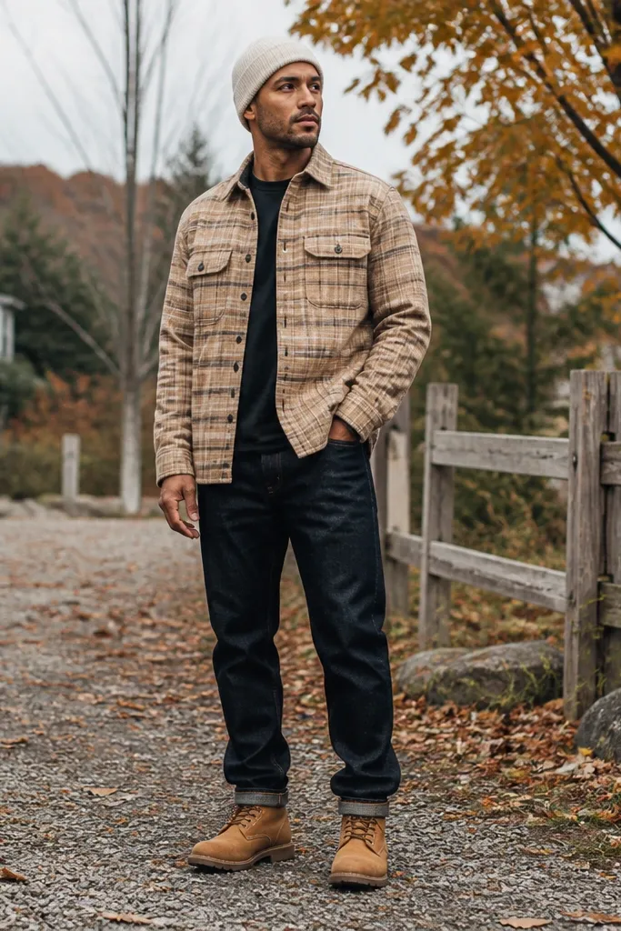 Beige flannel shirt with a white beanie and tan work boots
