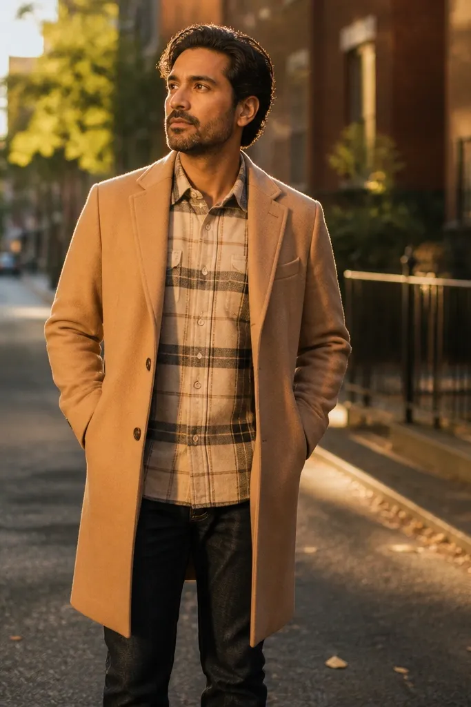 Beige flannel under a camel overcoat with dark jeans