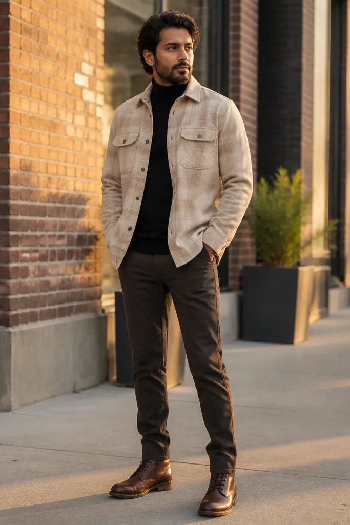 Beige flannel over a black turtleneck with brown leather lace-up shoes