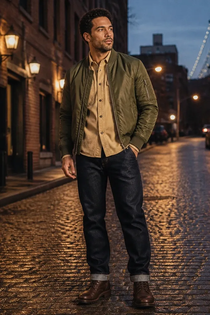 Beige flannel under an olive bomber jacket with straight jeans