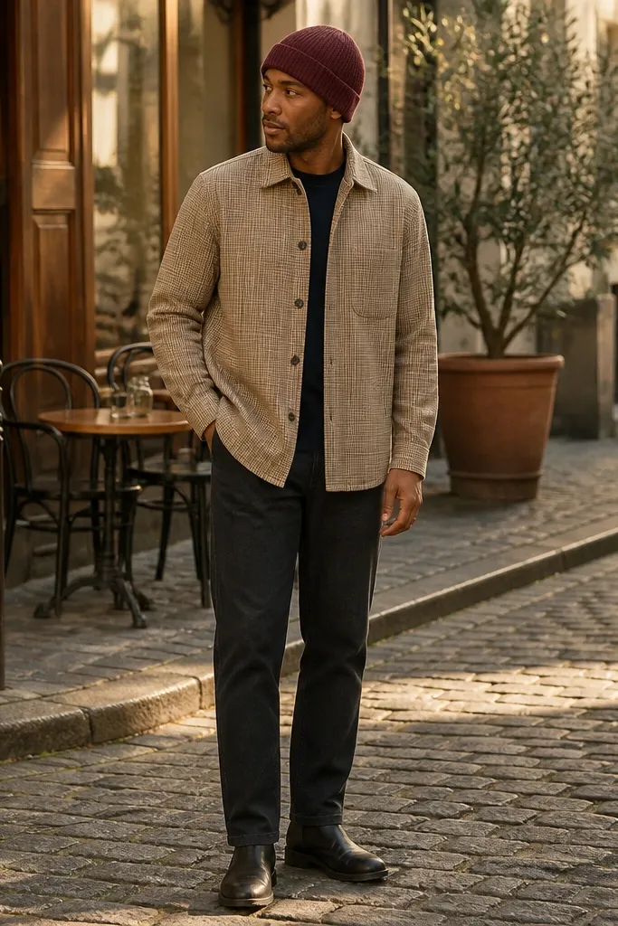 Beige flannel with burgundy beanie and dark trousers