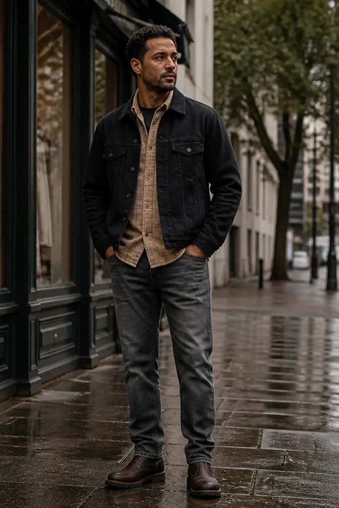 Beige flannel under a black denim jacket with gray jeans