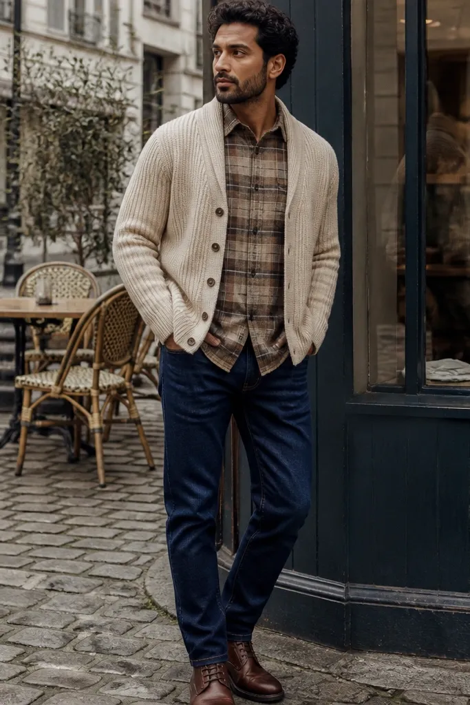 Beige flannel with a cream knit cardigan and navy jeans
