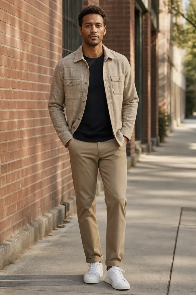Beige flannel with straight khaki pants and white sneakers