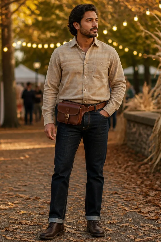Beige flannel with a brown belt bag and dark jeans