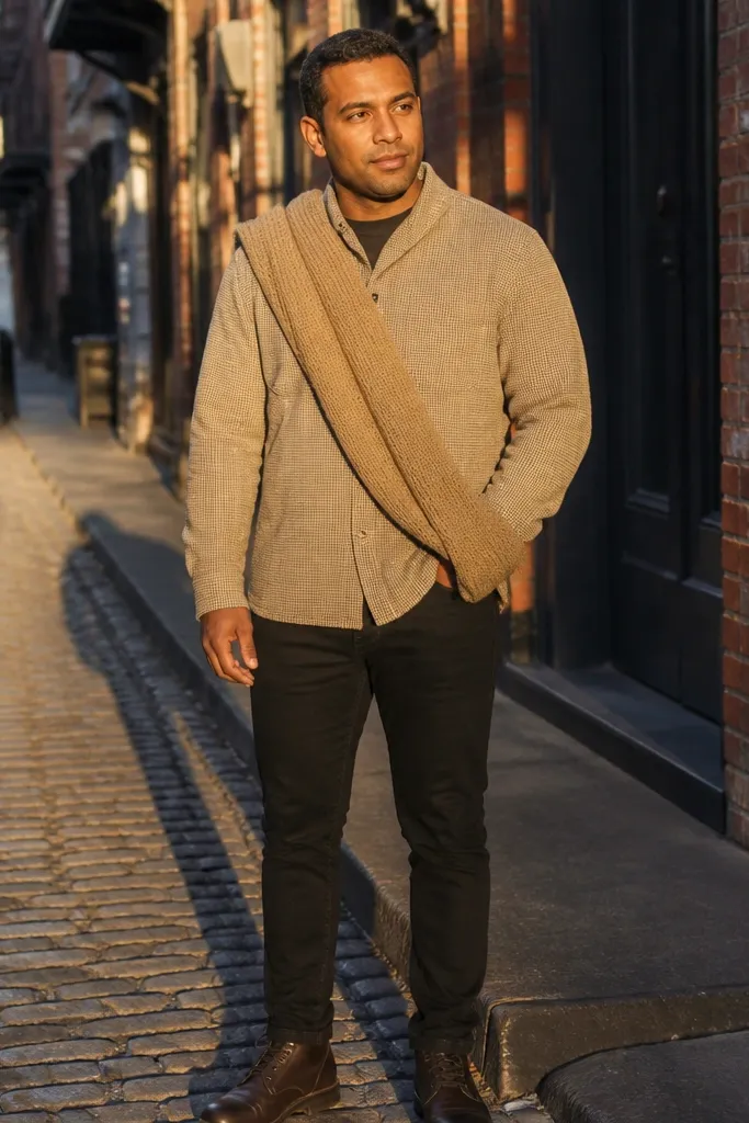 Beige flannel with a camel knit scarf and black jeans