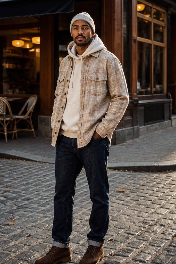 Beige flannel over an oatmeal hoodie with dark denim and a light gray beanie