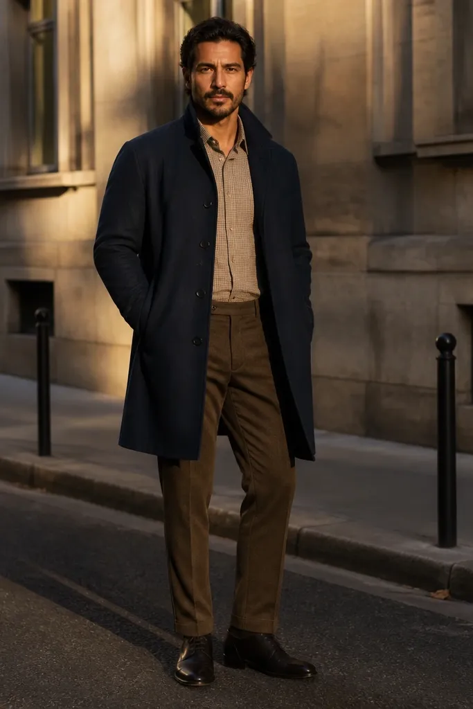 Beige flannel under a navy overcoat with brown trousers