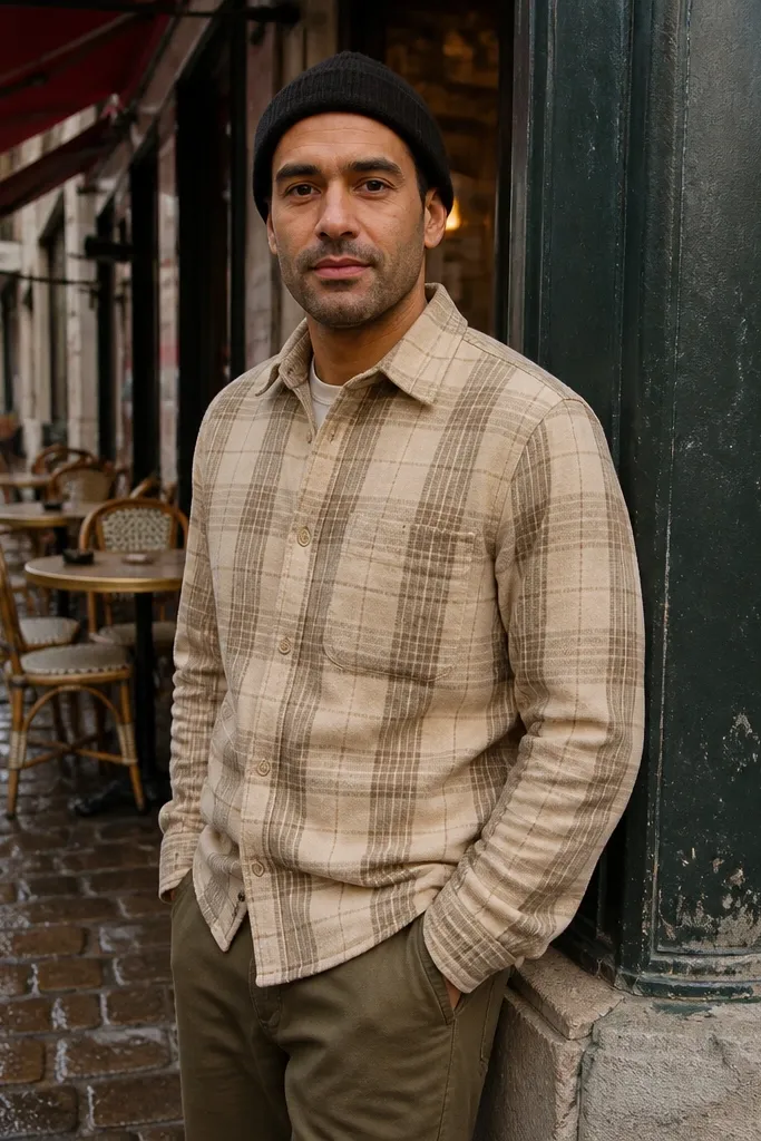 Beige flannel with a black watch cap and olive jeans