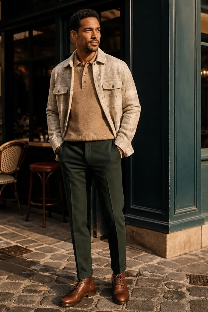 Beige flannel worn over a tan knit polo with dark green trousers