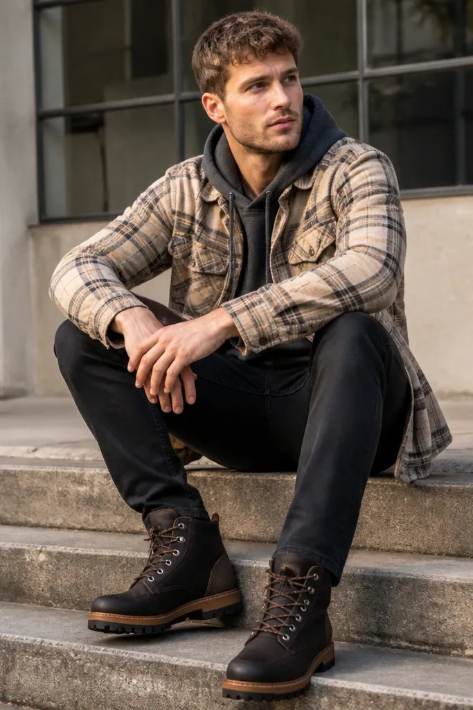 Beige flannel over a charcoal hoodie with black-and-brown boots