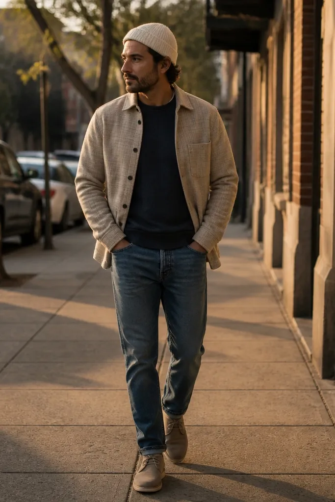 Beige flannel with an off-white beanie and light brown suede desert boots