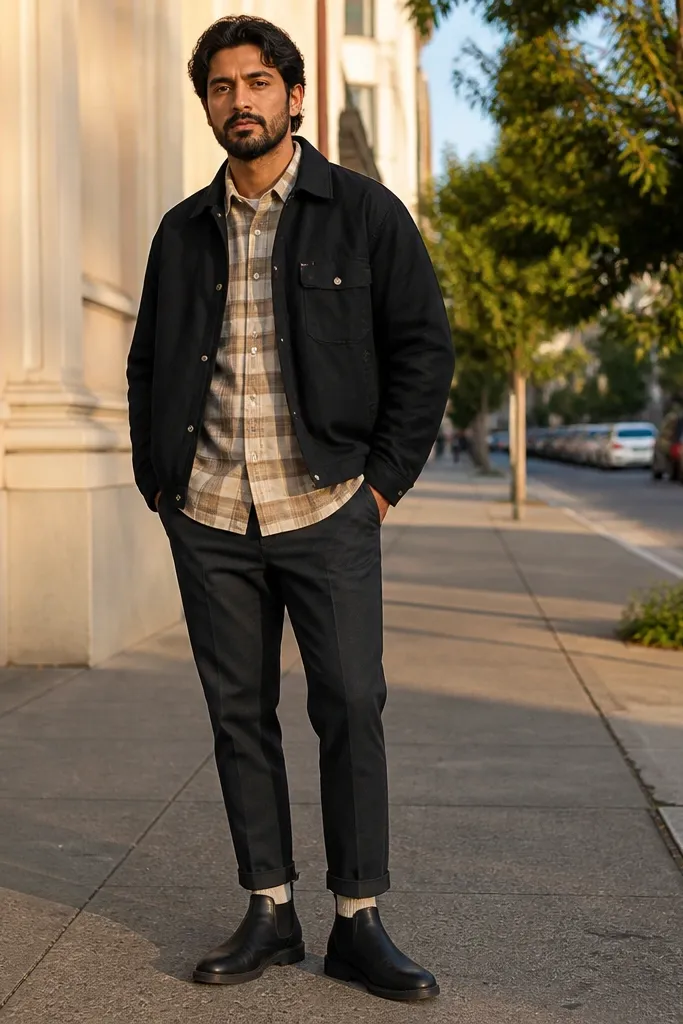 Beige flannel under a black overshirt with cream socks and dark pants