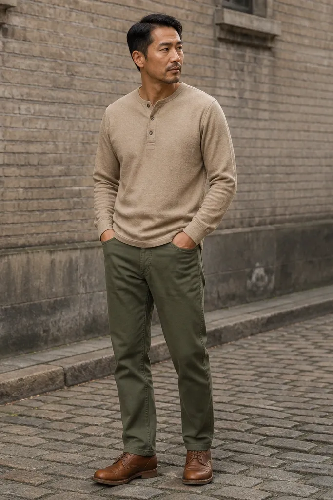 Sand flannel henley over olive jeans with cognac chukka boots