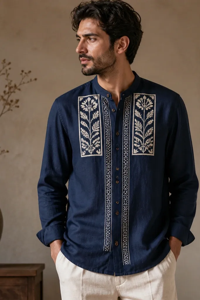A men's linen shirt in deep indigo blue with bold block-print panels on the front placket and upper chest. It has a short stand collar, coconut-style buttons, and long sleeves. The fabric shows a natural slub texture and a slightly relaxed fit.
