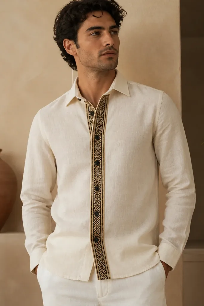 A cream linen button-up with a vertical black-and-gold patterned strip running down the center placket. The shirt has a classic collar, straight hem, and long sleeves. The buttons are dark and the pattern stripe is crisp and centered.
