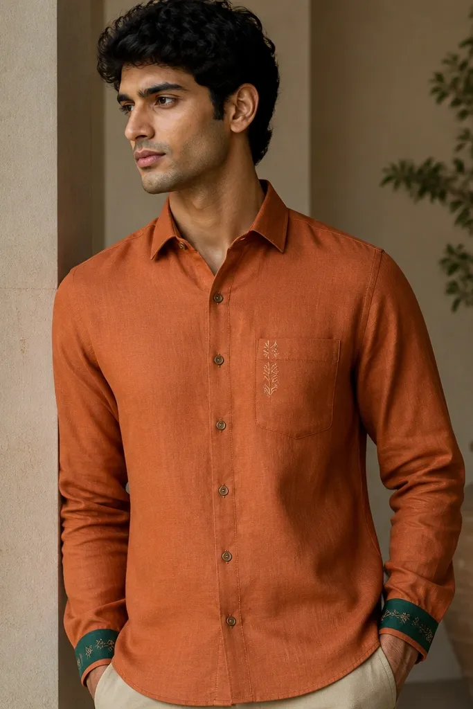 A terracotta orange linen shirt with a classic collar and visible cuff bands in deep green. There are subtle woven motifs near the pocket and along the cuff. The shirt is buttoned and has a slightly tapered waist.