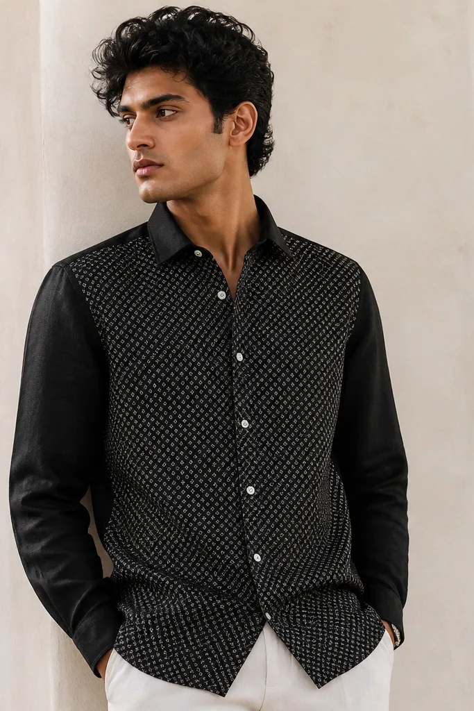 A black linen shirt with a white micro-geometric pattern panel only on the front center area. The collar is crisp, buttons are white, and the sleeves are plain. The linen has a visible slub texture and a structured neckline.