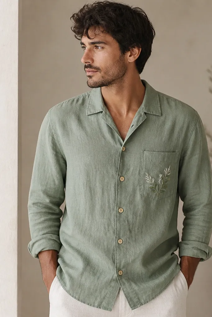 A sage green linen shirt with a simple collar and a small embroidered design on the left chest pocket. The rest of the shirt is solid green with natural wrinkles. Buttons are light wood tone.