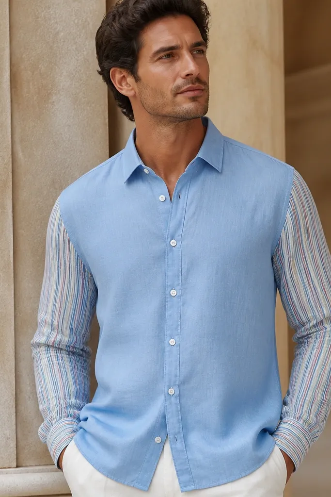 A sky blue linen shirt with plain front and a vertical multicolor stripe pattern running down the sleeves only. The collar is standard and the placket is solid blue. Buttons are white or light beige.