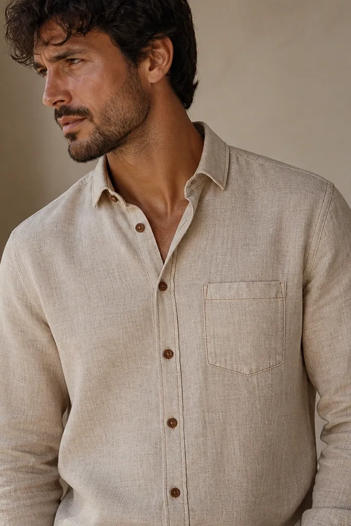 A sand beige linen shirt with brown contrast buttons. There is visible brown stitching around the chest pocket and along the placket edges. The collar is simple and the fabric shows a coarse linen weave.