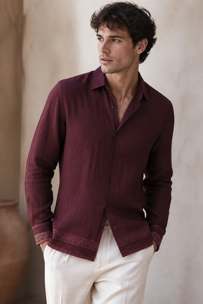 A burgundy linen button-up with a woven border detail along the lower hem and a small matching band near the cuffs. The front is mostly solid, with a classic collar and dark buttons. The hem border is visible when the shirt moves.