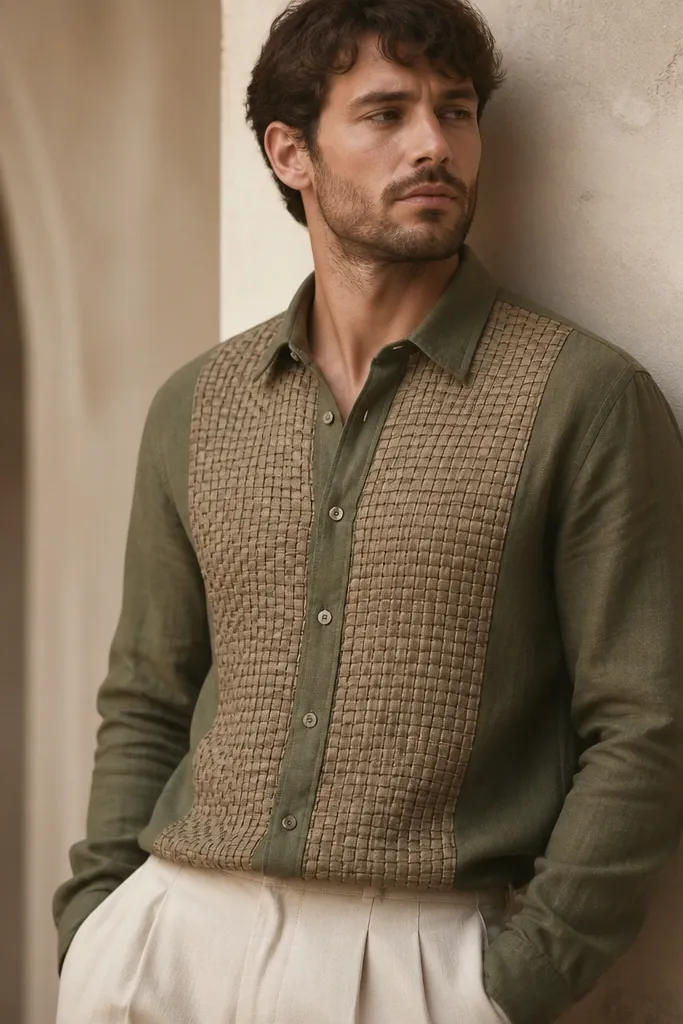 An olive green linen shirt with a tan basket-weave textured panel on the front center. The collar is standard, buttons are tan, and the sleeves are solid olive. The panel looks raised and woven, not printed.
