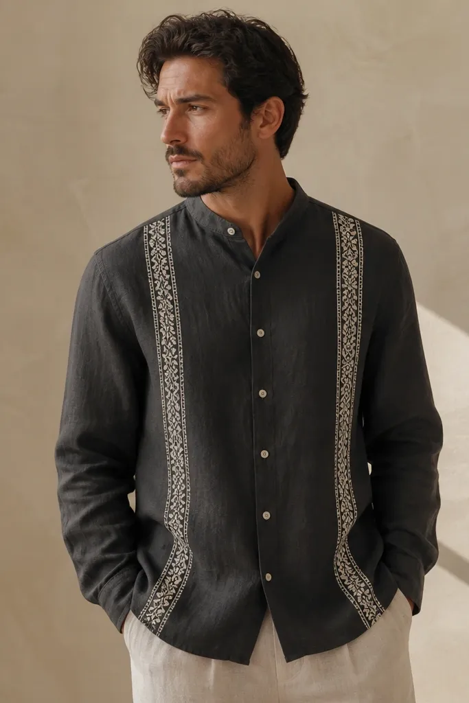 A charcoal grey linen shirt with off-white patterned detailing running along the side placket edges. The center front is mostly solid charcoal. It has a short collar and off-white buttons.