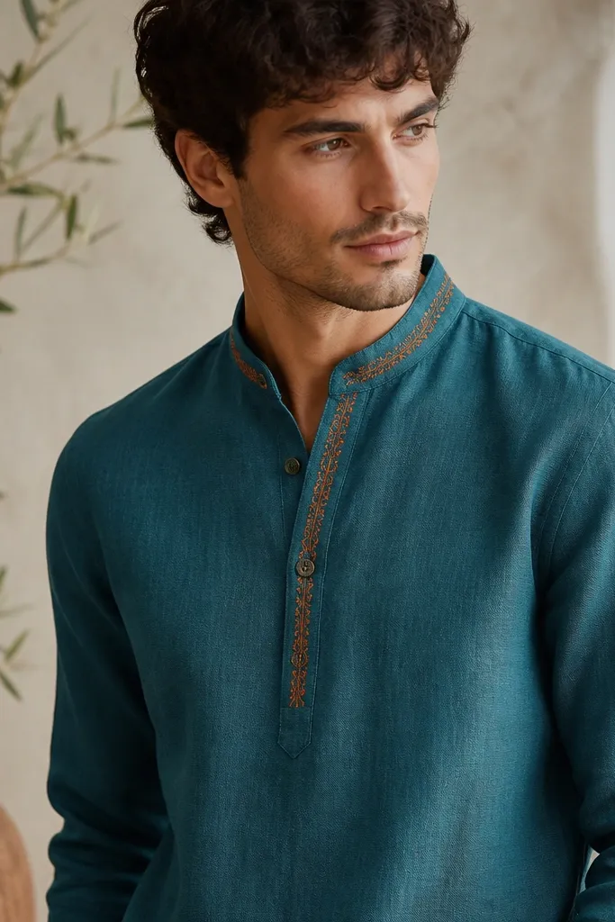 A teal linen shirt with orange embroidery running along the collar edge and down a short strip near the top buttons. The body is solid teal with a visible linen weave. Buttons are matching teal or muted brown.