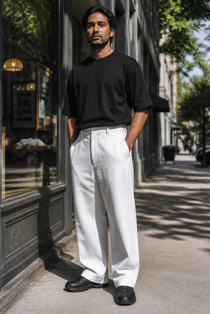 Black boxy t-shirt with baggy white twill pants and black chunky sneakers