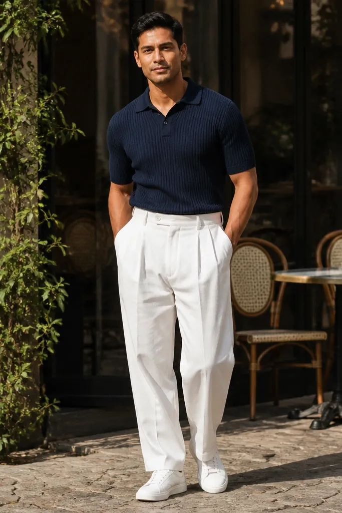 Navy ribbed polo with baggy pleated white pants and white leather sneakers