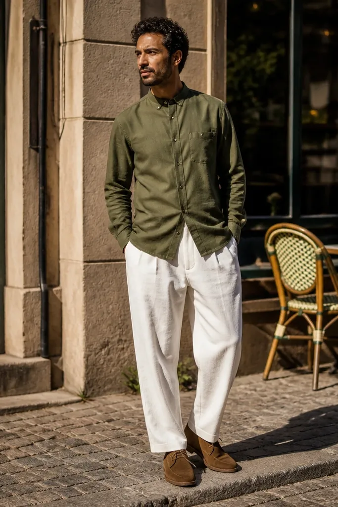 Olive overshirt over white baggy pants with brown suede desert boots